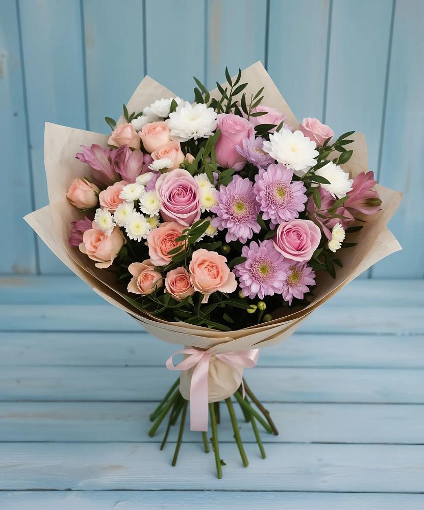 Букет цветов из: Хризантемы, Розы и Альстромерии в Новоспасском