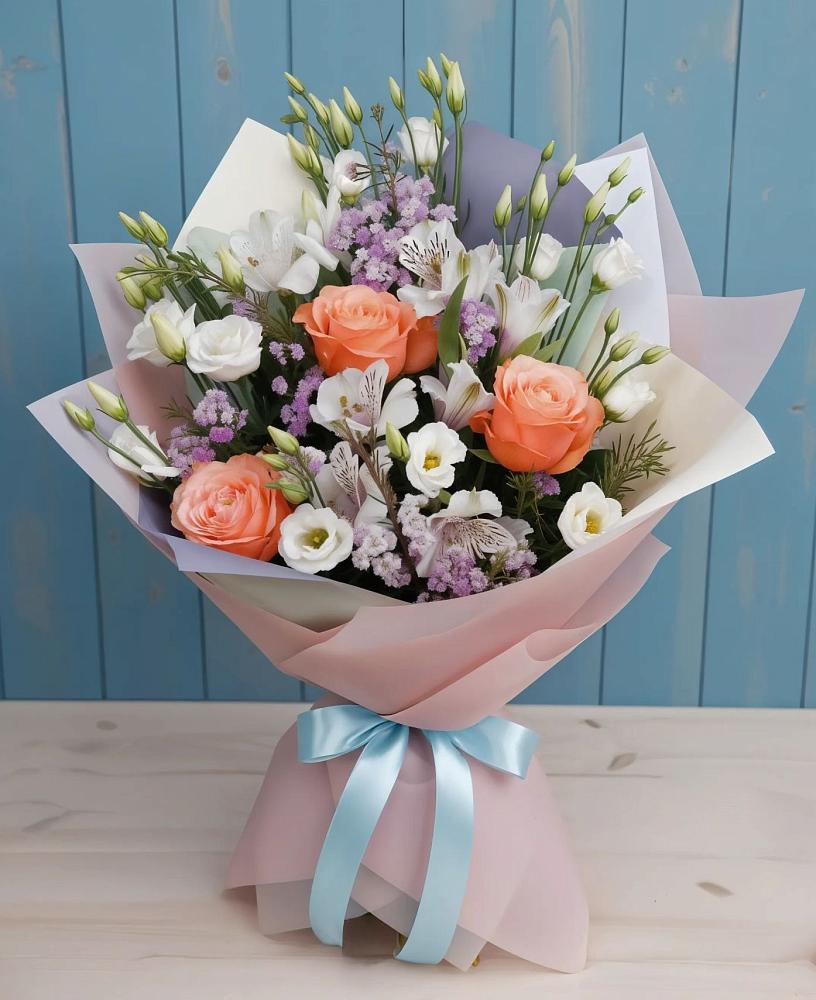 Букет цветов из: Лизиантусы, Розы, Альстромерии и Гипсофила в Новоспасском